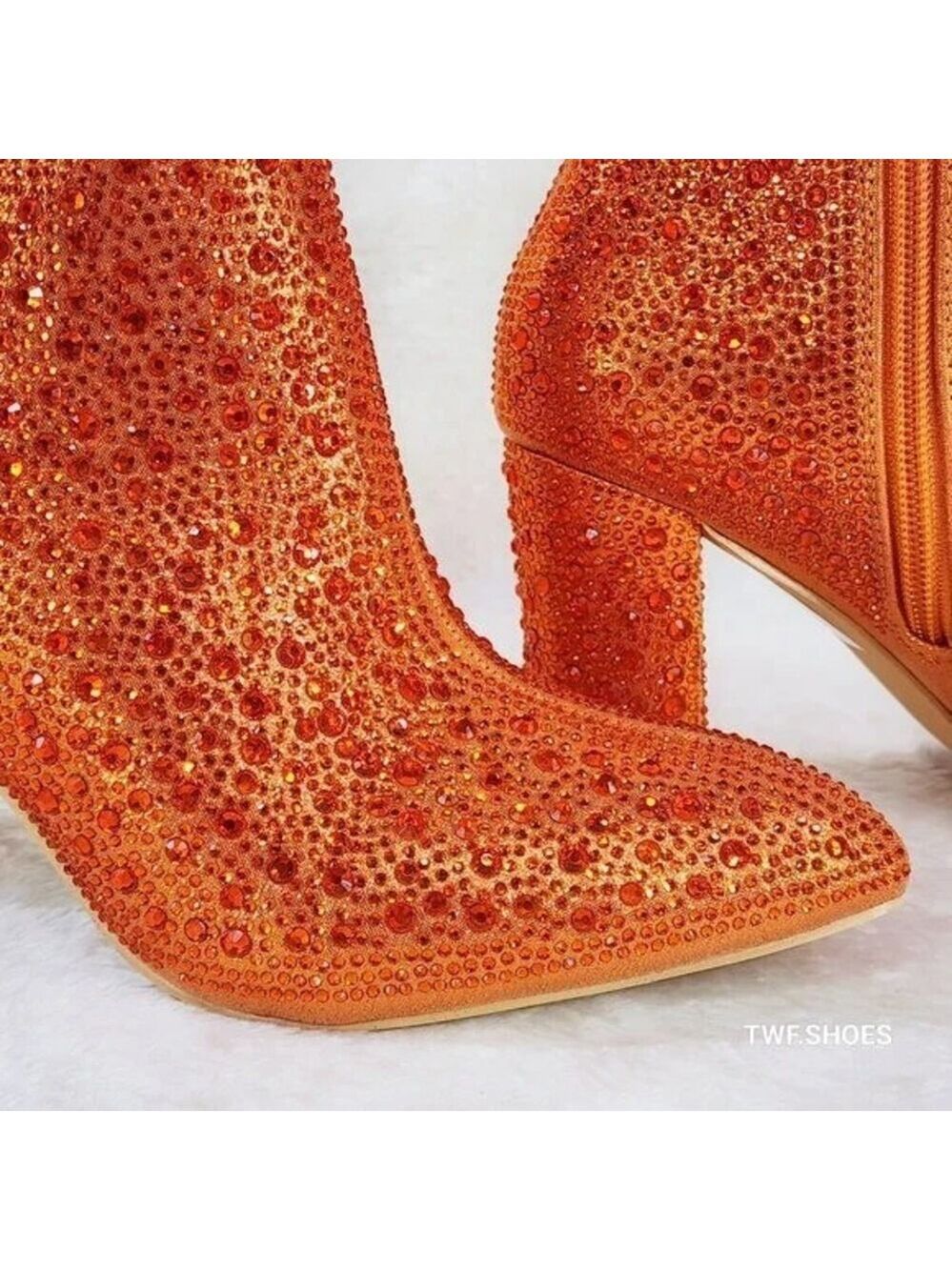 NIB Crystel Orange Rhinestone Block Heel Sparkling Ankle Boots - Picture 6 of 7